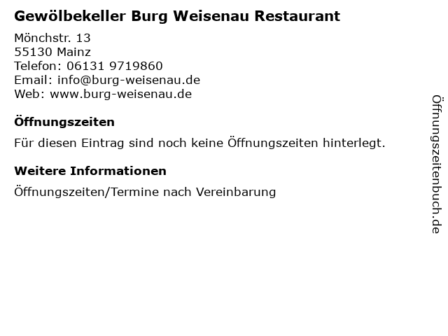 Gewölbekeller Burg Weisenau Restaurant in Mainz: Adresse und Öffnungszeiten