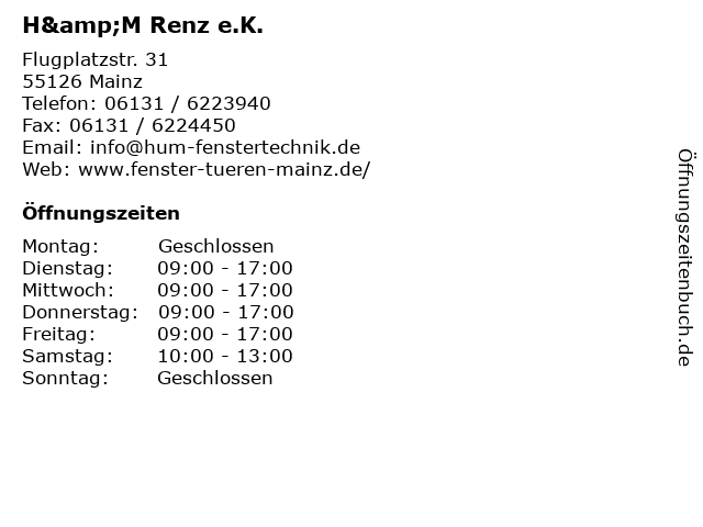 ᐅ Offnungszeiten H M Renz E K Flugplatzstr 31 In Mainz
