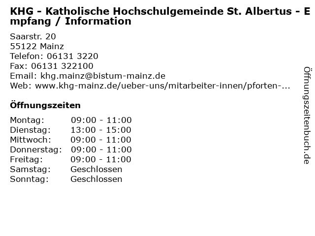 KHG - Katholische Hochschulgemeinde St. Albertus - Empfang / Information in Mainz: Adresse und Öffnungszeiten