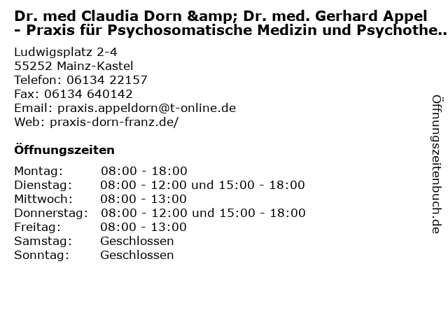 Dr. med Claudia Dorn und Dr. med. Gerhard Appel in Mainz-Kastel: Adresse und Öffnungszeiten
