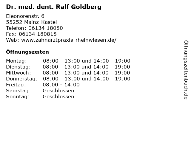 Dr. med. dent. Ralf Goldberg in Mainz-Kastel: Adresse und Öffnungszeiten
