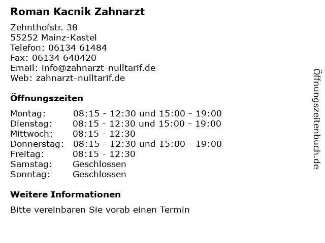 Roman Kacnik Zahnarzt in Mainz-Kastel: Adresse und Öffnungszeiten