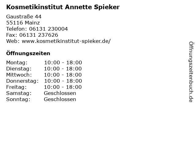 Kosmetikinstitut Annette Spieker in Mainz: Adresse und Öffnungszeiten