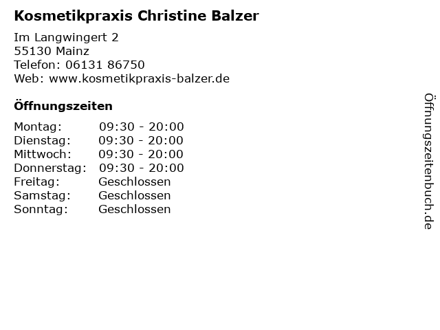 Kosmetikpraxis Christine Balzer in Mainz: Adresse und Öffnungszeiten