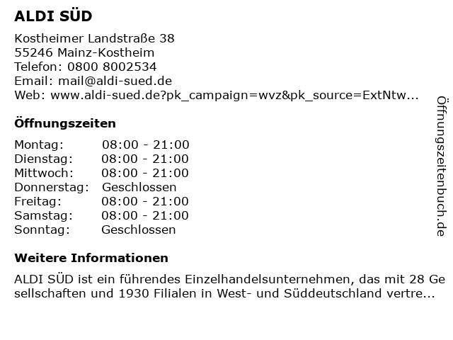 ALDI SÜD in Mainz-Kostheim: Adresse und Öffnungszeiten