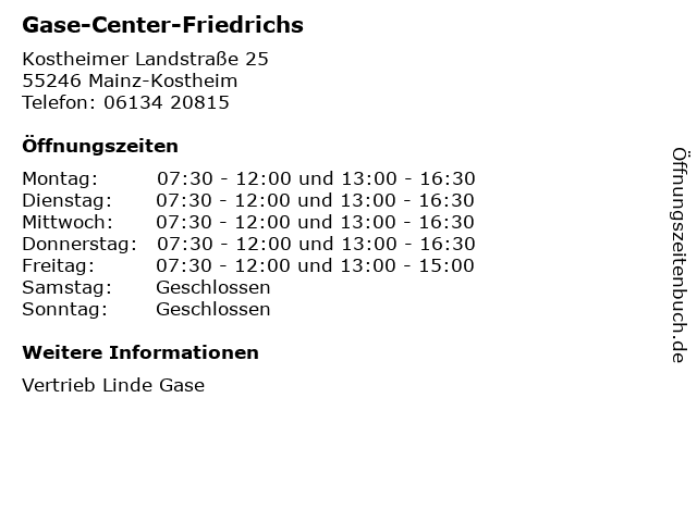 Gase-Center-Friedrichs in Mainz-Kostheim: Adresse und Öffnungszeiten