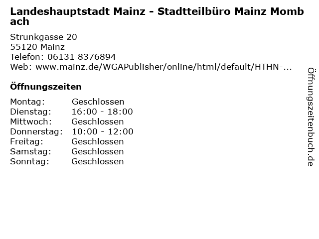 Landeshauptstadt Mainz - Stadtteilbüro Mainz Mombach in Mainz: Adresse und Öffnungszeiten