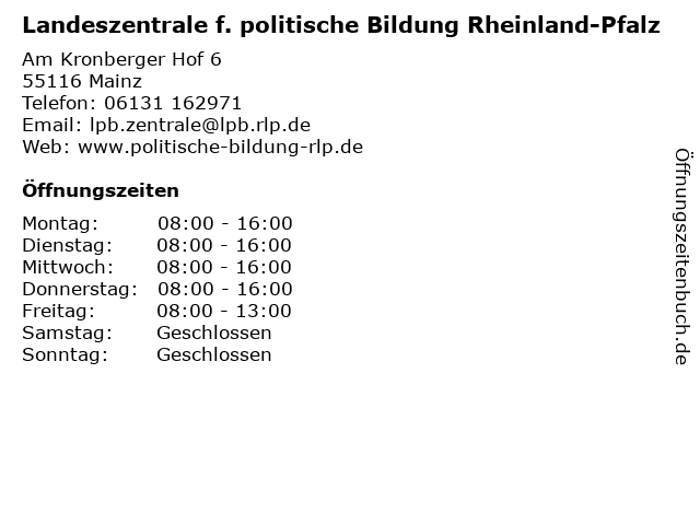 Landeszentrale f. politische Bildung Rheinland-Pfalz in Mainz: Adresse und Öffnungszeiten