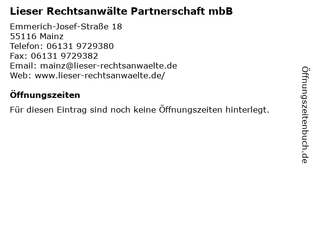 Lieser Rechtsanwälte Partnerschaft mbB in Mainz: Adresse und Öffnungszeiten
