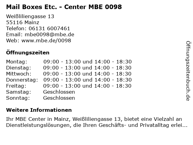 Mail Boxes Etc. - Center MBE 0098 in Mainz: Adresse und Öffnungszeiten
