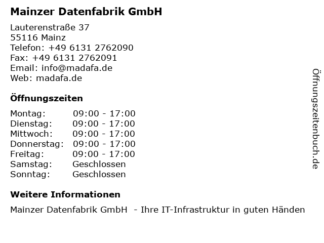 Mainzer Datenfabrik GmbH in Mainz: Adresse und Öffnungszeiten