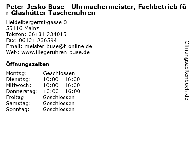 Peter-Jesko Buse - Uhrmachermeister, Fachbetrieb für Glashütter Taschenuhren in Mainz: Adresse und Öffnungszeiten