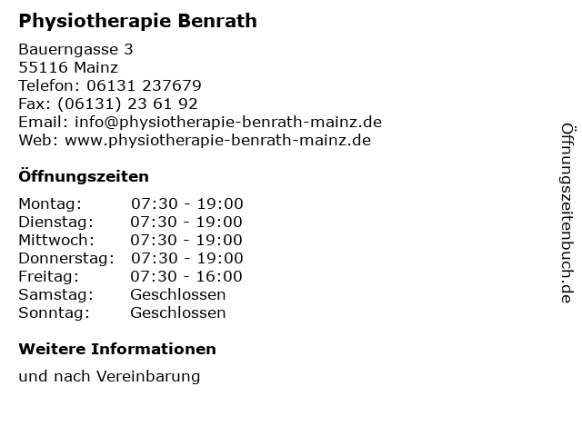 Physiotherapie Benrath in Mainz: Adresse und Öffnungszeiten