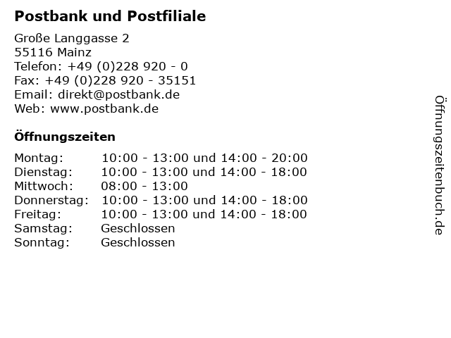Postbank und Postfiliale in Mainz: Adresse und Öffnungszeiten