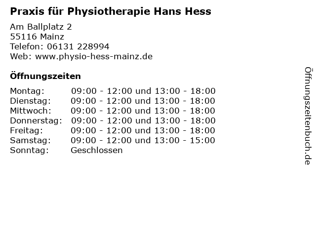 Praxis für Physiotherapie Hans Hess in Mainz: Adresse und Öffnungszeiten