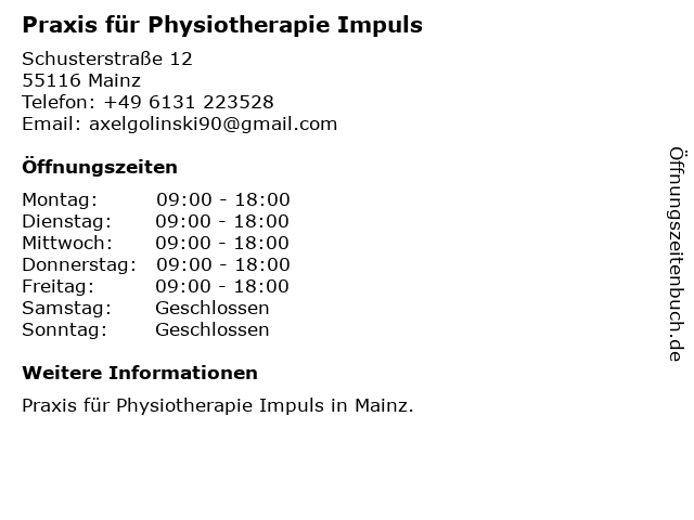 Praxis für Physiotherapie Impuls in Mainz: Adresse und Öffnungszeiten