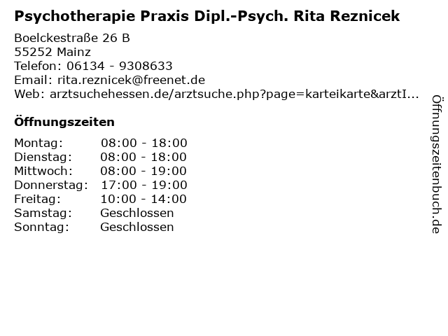 Psychotherapie Praxis Dipl.-Psych. Rita Reznicek in Mainz: Adresse und Öffnungszeiten