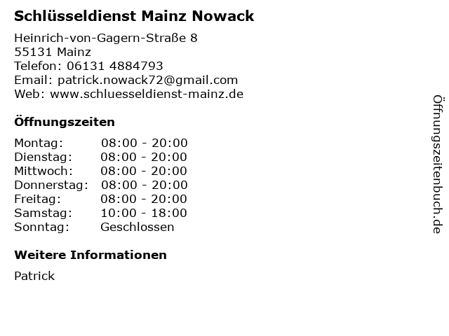 Schlüsseldienst Mainz Nowack in Mainz: Adresse und Öffnungszeiten
