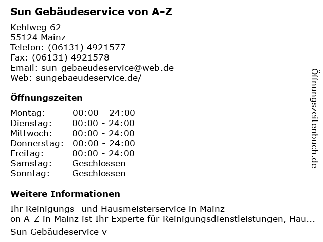Sun Gebäudeservice von A-Z in Mainz: Adresse und Öffnungszeiten