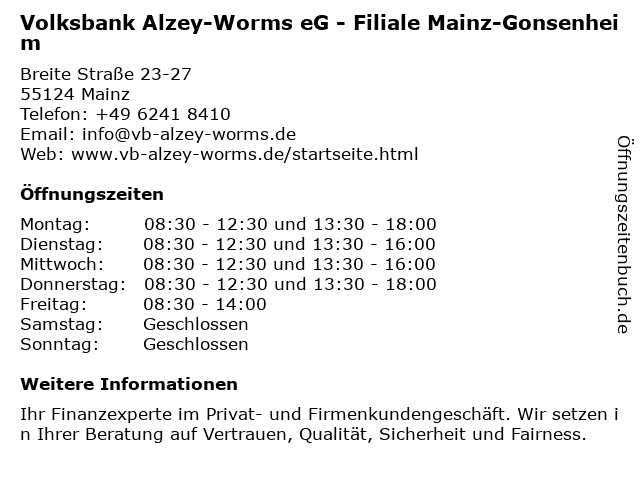 Volksbank Alzey-Worms eG - Filiale Mainz-Gonsenheim in Mainz: Adresse und Öffnungszeiten