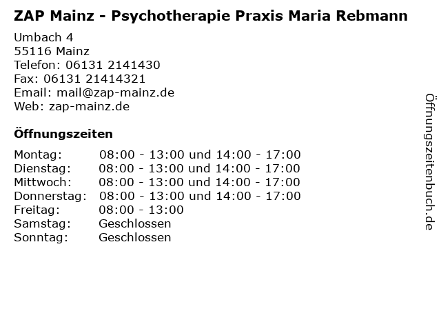 ZAP Mainz - Psychotherapie Praxis Maria Rebmann in Mainz: Adresse und Öffnungszeiten