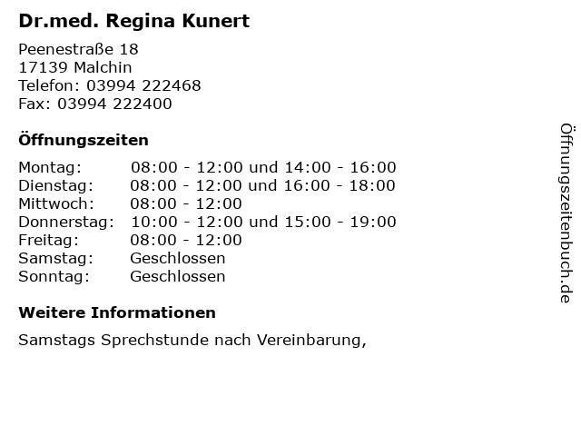 ᐅ Öffnungszeiten „Dr.med. Regina Kunert“ | Peenestraße 18 in Malchin