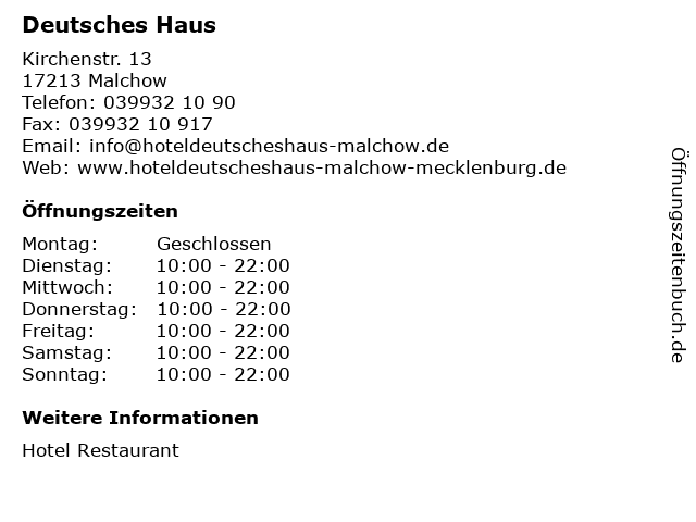 ᐅ Offnungszeiten Deutsches Haus Kirchenstr 13 In Malchow