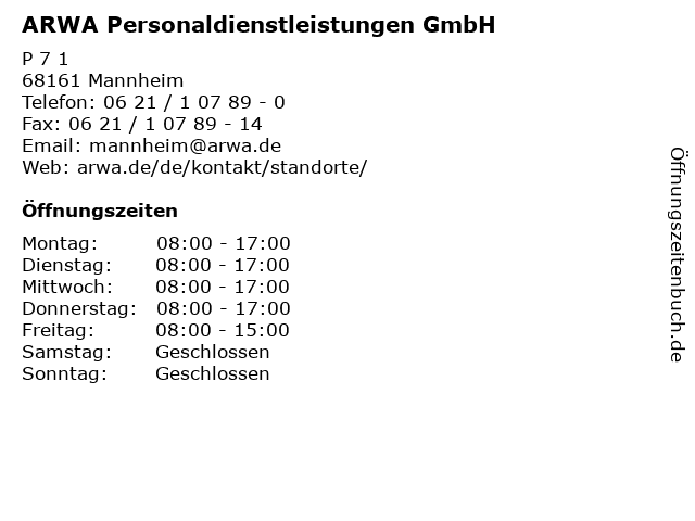 ARWA Personaldienstleistungen GmbH in Mannheim: Adresse und Öffnungszeiten