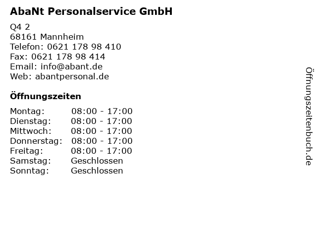 AbaNt Personalservice GmbH in Mannheim: Adresse und Öffnungszeiten