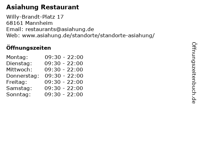 Asiahung Restaurant in Mannheim: Adresse und Öffnungszeiten