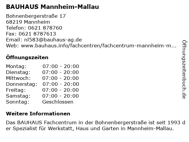 Bauhaus Mannheim Mallau Adresse