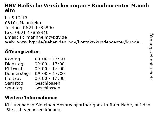 BGV Badische Versicherungen - Kundencenter Mannheim in Mannheim: Adresse und Öffnungszeiten
