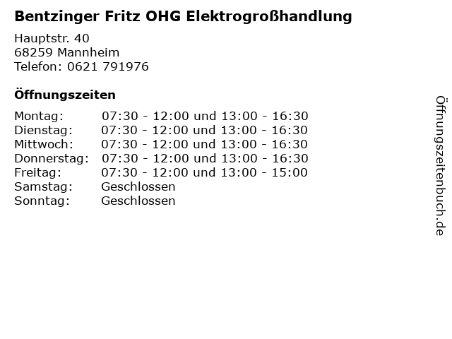 Bentzinger Fritz OHG Elektrogroßhandlung in Mannheim: Adresse und Öffnungszeiten