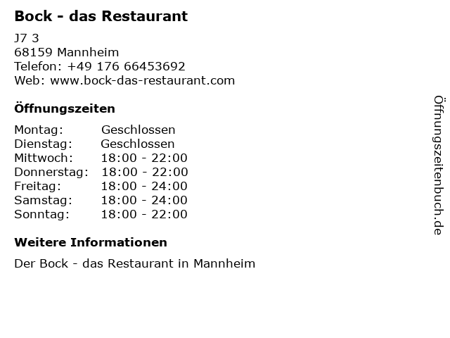 Bock - das Restaurant in Mannheim: Adresse und Öffnungszeiten