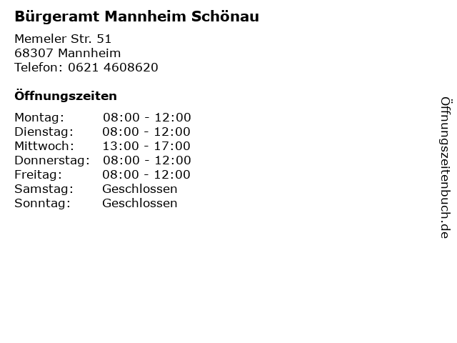 Bürgeramt Mannheim Schönau in Mannheim: Adresse und Öffnungszeiten