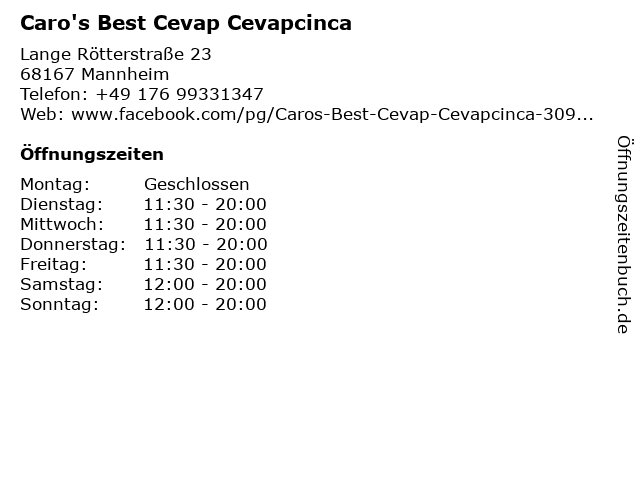 Caro's Best Cevap Cevapcinca in Mannheim: Adresse und Öffnungszeiten