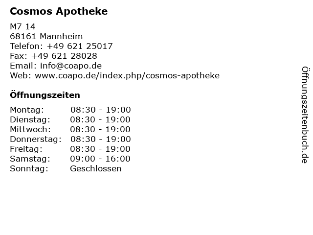 Cosmos Apotheke in Mannheim: Adresse und Öffnungszeiten