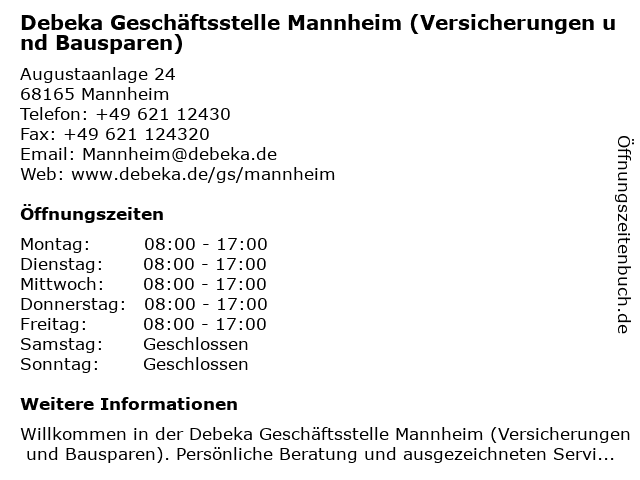 Debeka Geschäftsstelle Mannheim (Versicherungen und Bausparen) in Mannheim: Adresse und Öffnungszeiten