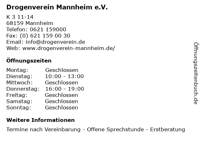 Drogenverein Mannheim e.V. in Mannheim: Adresse und Öffnungszeiten