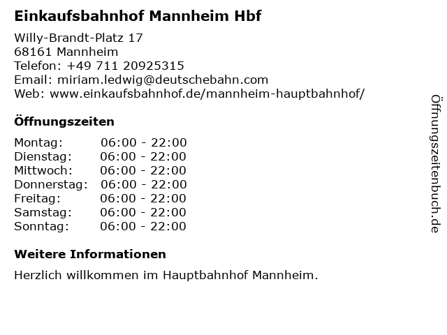 Einkaufsbahnhof Mannheim Hbf in Mannheim: Adresse und Öffnungszeiten
