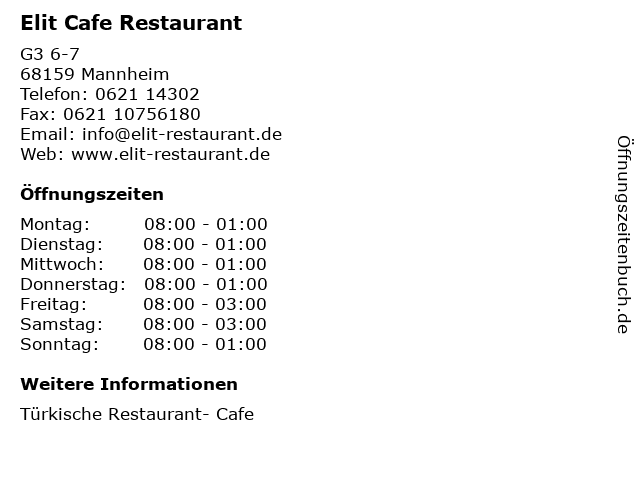 Elit Cafe Restaurant in Mannheim: Adresse und Öffnungszeiten
