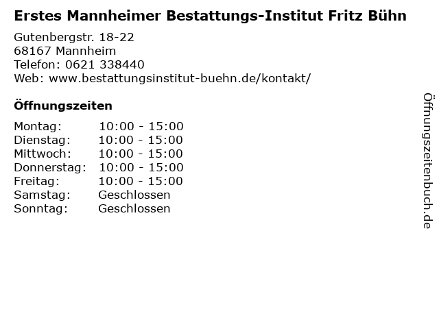 Erstes Mannheimer Bestattungs-Institut Fritz Bühn in Mannheim: Adresse und Öffnungszeiten