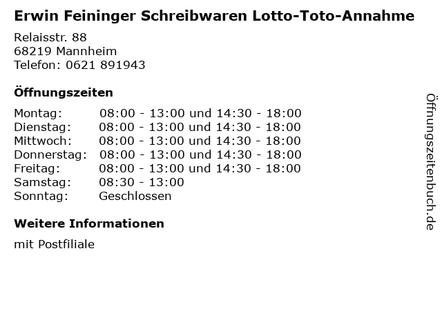 Erwin Feininger Schreibwaren Lotto-Toto-Annahme in Mannheim: Adresse und Öffnungszeiten