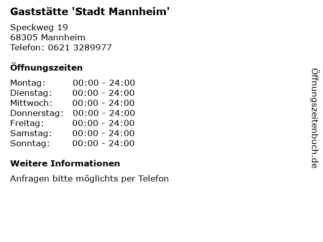 Gaststätte 'Stadt Mannheim' in Mannheim: Adresse und Öffnungszeiten