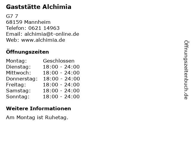 Gaststätte Alchimia in Mannheim: Adresse und Öffnungszeiten