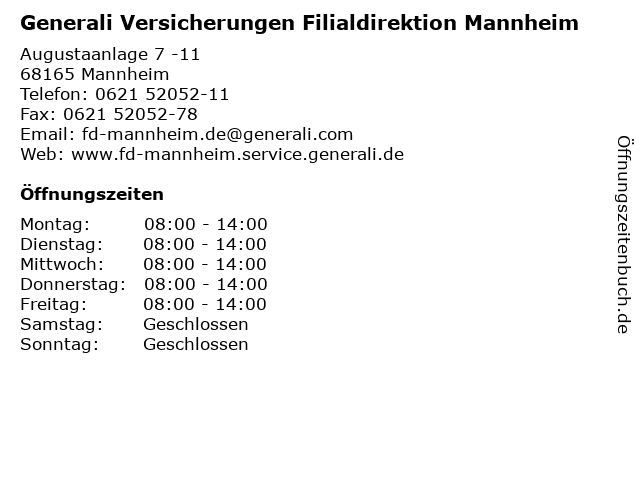 Generali Versicherungen Filialdirektion Mannheim in Mannheim: Adresse und Öffnungszeiten