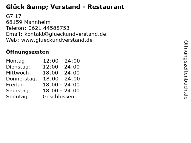 Glück & Verstand - Restaurant in Mannheim: Adresse und Öffnungszeiten