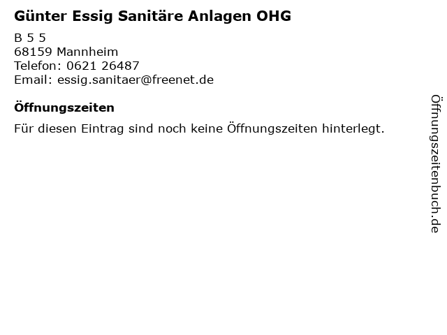 Günter Essig Sanitäre Anlagen OHG in Mannheim: Adresse und Öffnungszeiten