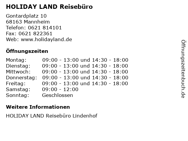 HOLIDAY LAND Reisebüro in Mannheim: Adresse und Öffnungszeiten