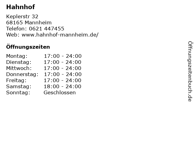ᐅ Offnungszeiten Hahnhof Keplerstr 32 In Mannheim
